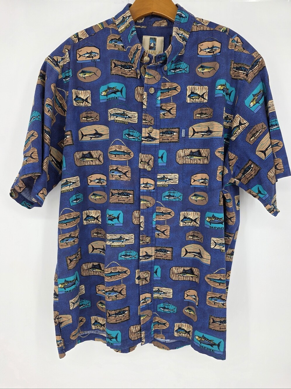 Kahala Hawaiian Shirt XL Blue Fish Print Made in Hawaii 100% Cotton Camp Aloha
